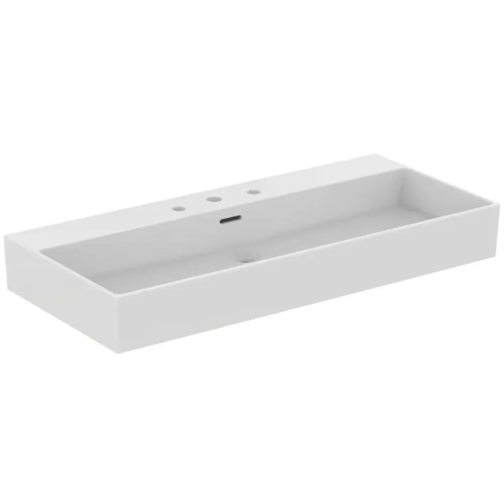 Waschtisch in Weiß von Ideal Standard mit drei Hahnlöchern, rechteckiger Form und flacher Oberfläche, geeignet für Badezimmerinstallationen.